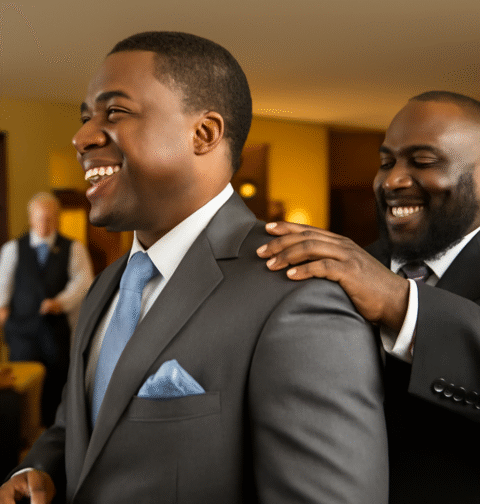 Deux hommes en costumes à un mariage