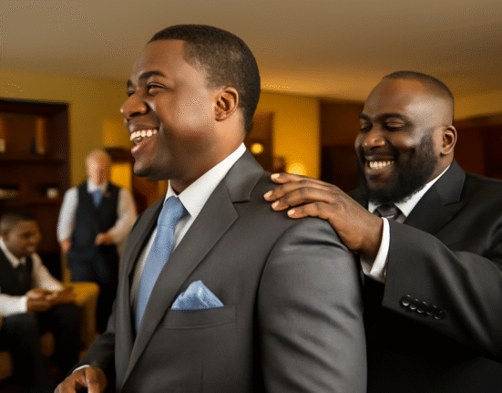 Deux hommes en costumes à un mariage