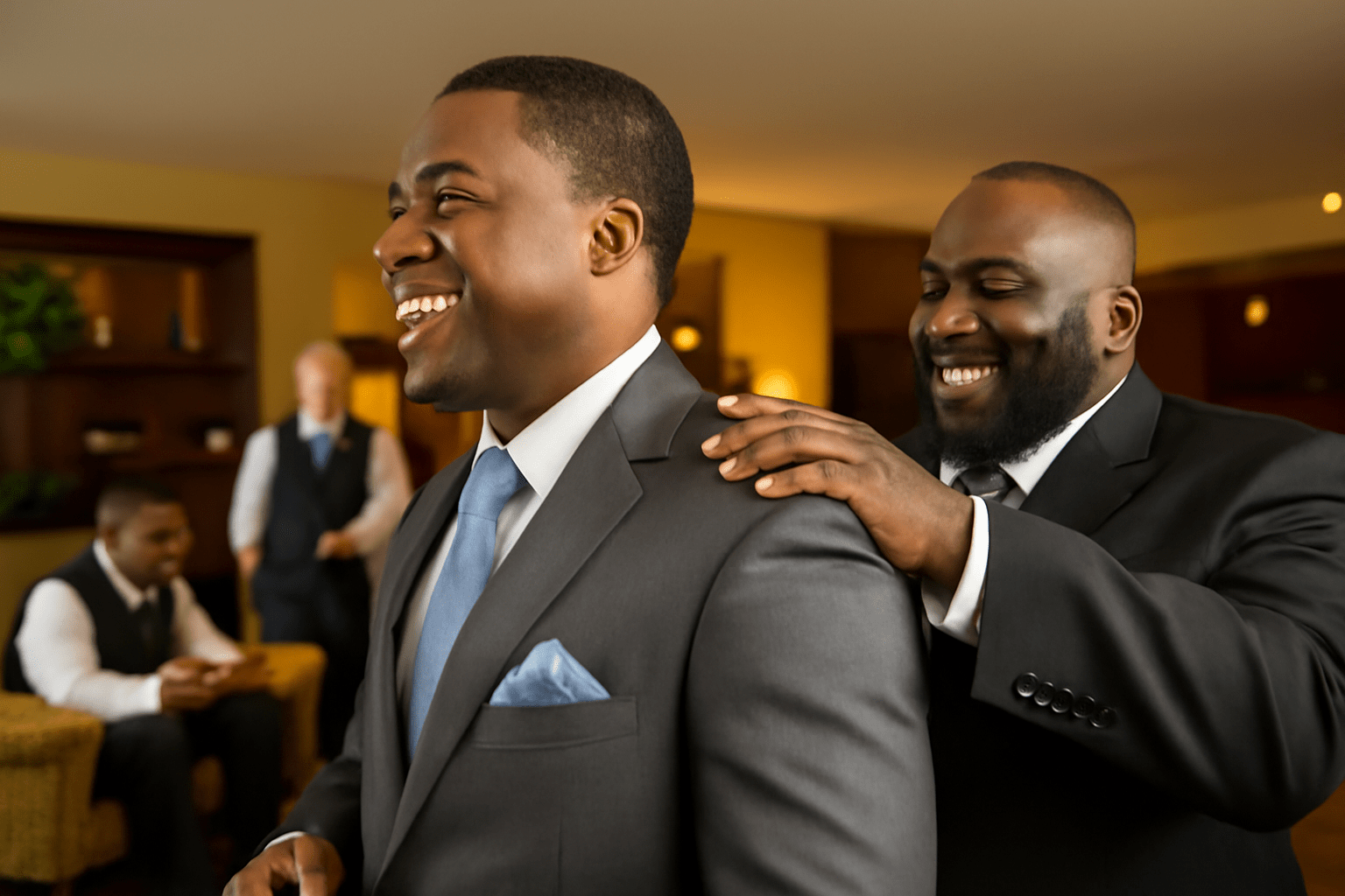 Deux hommes en costumes à un mariage