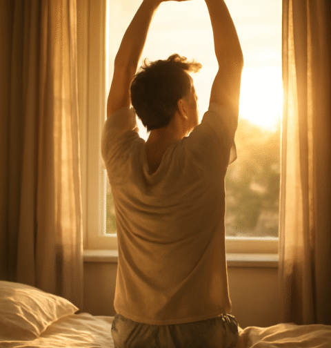 personne s'étirant après s'être réveillé