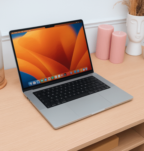 Sur cette image, on voit un bureau en bois clair très soigné sur lequel est posé un MacBook Pro ouvert. L’écran affiche le fond d’écran par défaut de macOS Ventura,