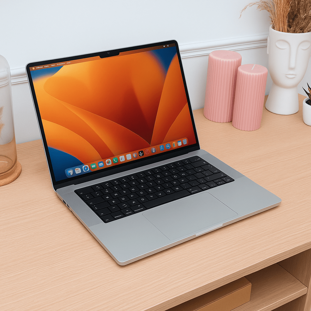 Sur cette image, on voit un bureau en bois clair très soigné sur lequel est posé un MacBook Pro ouvert. L’écran affiche le fond d’écran par défaut de macOS Ventura,
