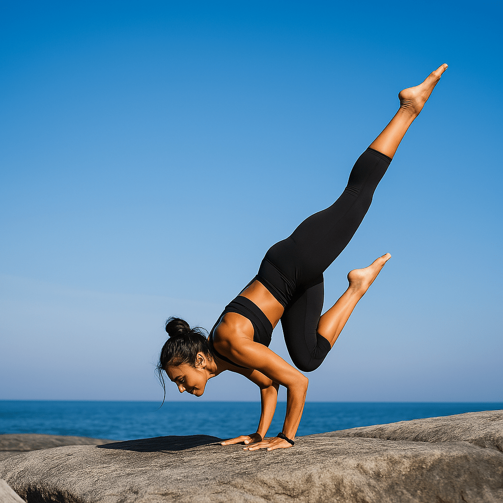 Femme faisant une pose de yoga au bord de la mer