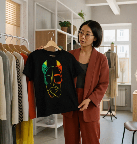 Femme tenant un t-shirt noir au design abstrait et coloré, mode tendance