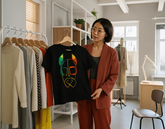 Femme tenant un t-shirt noir au design abstrait et coloré, mode tendance